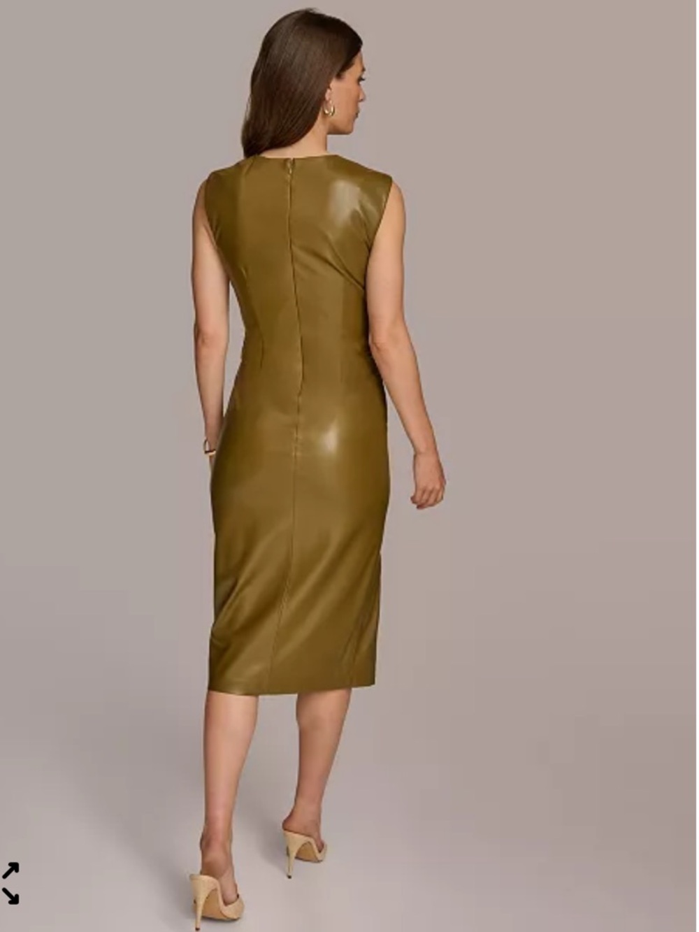 NWT Donna Karan New York Olive Green Faux-Leather side Ruched Midi Dress size 8 - Picture 3 of 7